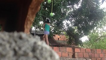 mi vecina bajando mangos