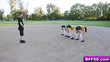 Gabriela Bobbi and Natalie kneels down and pass around their coach penis like a peace pipe