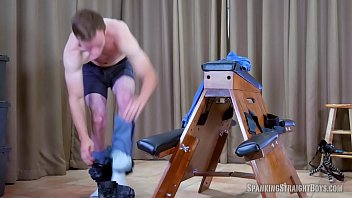 Athletic Straight Boy is Strapped to a Spanking Bench and Caned by a Gay Male