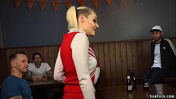In bar group of rough dudes overpower sexy blonde cheerleader Arielle Aquinas and with big cocks stuff her holes in anal gang bang sex