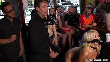 Two big tits blonde bombshells Manu Magnum and Layla Price in public d. humiliated in sex shop then in crowded bar hard fucked