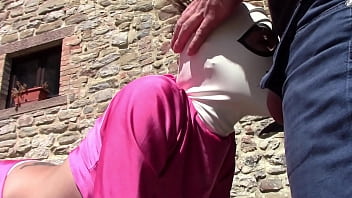 Laura on Heels model step sister on sexy clothes and white mask take a cock in her mouth and cum in mouth