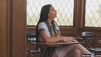 Big tits ts schoolgirl Chanel Santini needs to make her test but decides to jerk off on her hot professor.The moment he sees her hard cock he gives her a blowjob.He asslicks and anal fucks her
