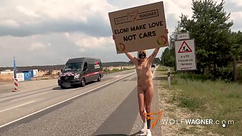 TESLA PROTEST! Kitty Blair runs naked demonstration in front of Tesla building & bangs Andy Star outside! wolfwagner.com