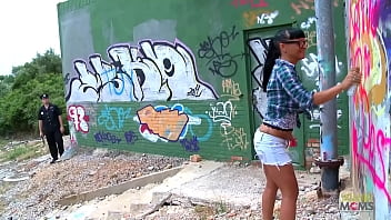 Tagging a wall outdoors ends up with the milf pleading for forgiveness with anal sex