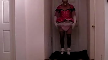 ABDL  in nice crimson dress peeing in diapers