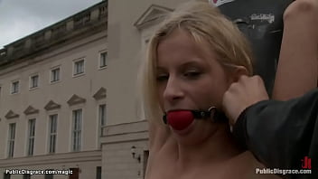 Euro blonde Paris Pink walked naked through public then bound in kneeling position deep throat fucked outdoor till pussy banged in underpass
