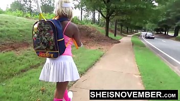 Young Ebony Sucking Old Cock Stranger In Public Giving Blowjob While Kneeling With Her Large Natural Breasts and Areolas Out Of Her Top, Sheisnovember Then Walks While Flashing Her Panty During Upskirt With Curvy Hips by Msnovember